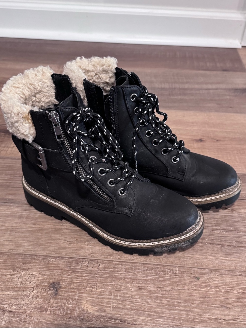 Target Black Lace-Up Ankle Boots with Cream Faux-Shearling